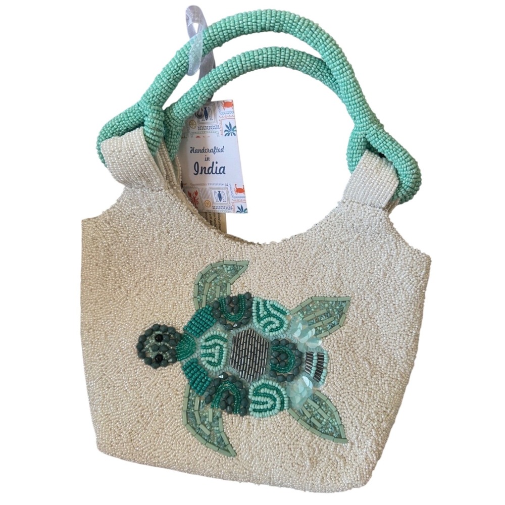 Viral Handcrafted Turtle Patchwork Green  Mint Teal Beaded White Tote Bag NWT